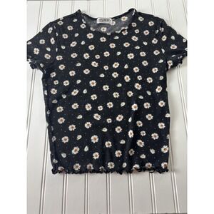 Popular 21 Daisy Print Ruffle Cropped T-Shirt Junior M Black White Stretch 90's
